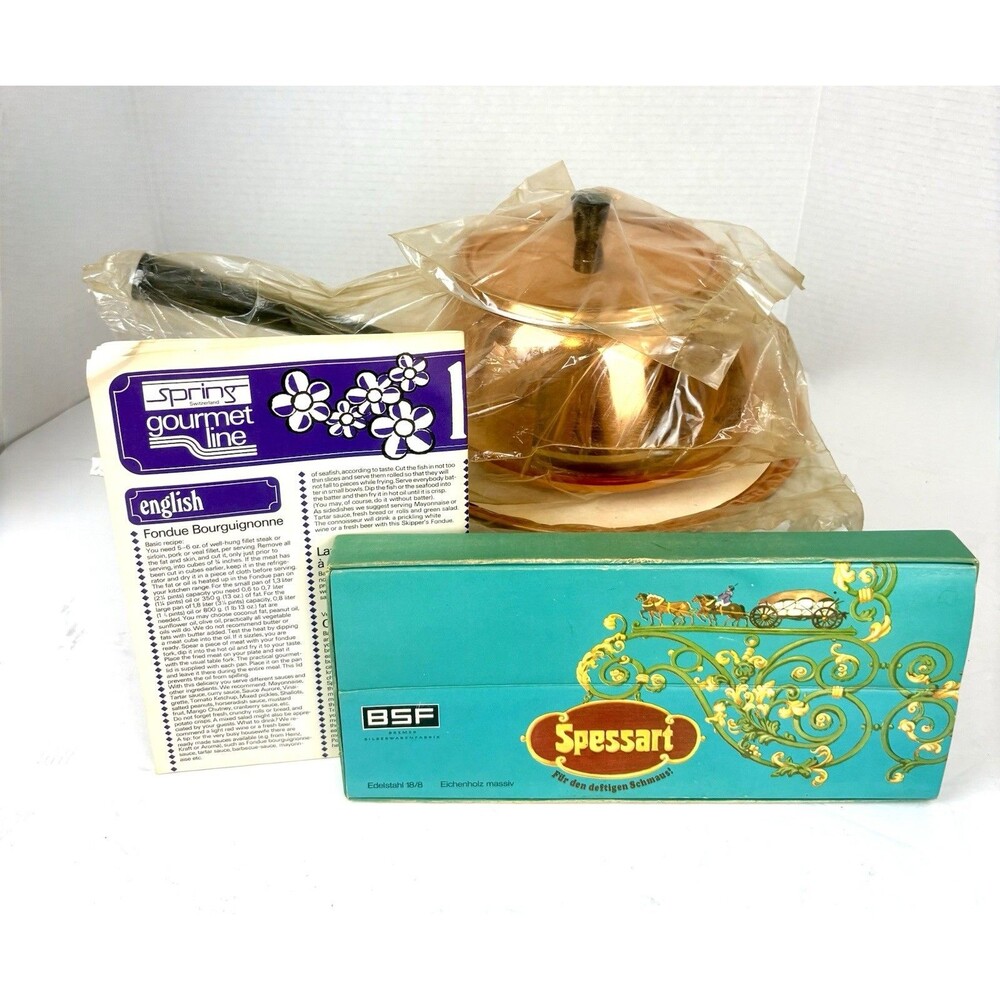 Spring Switzerland NOS Copper Fondue Set, Forks & Recipes in 8 Languages, Sealed